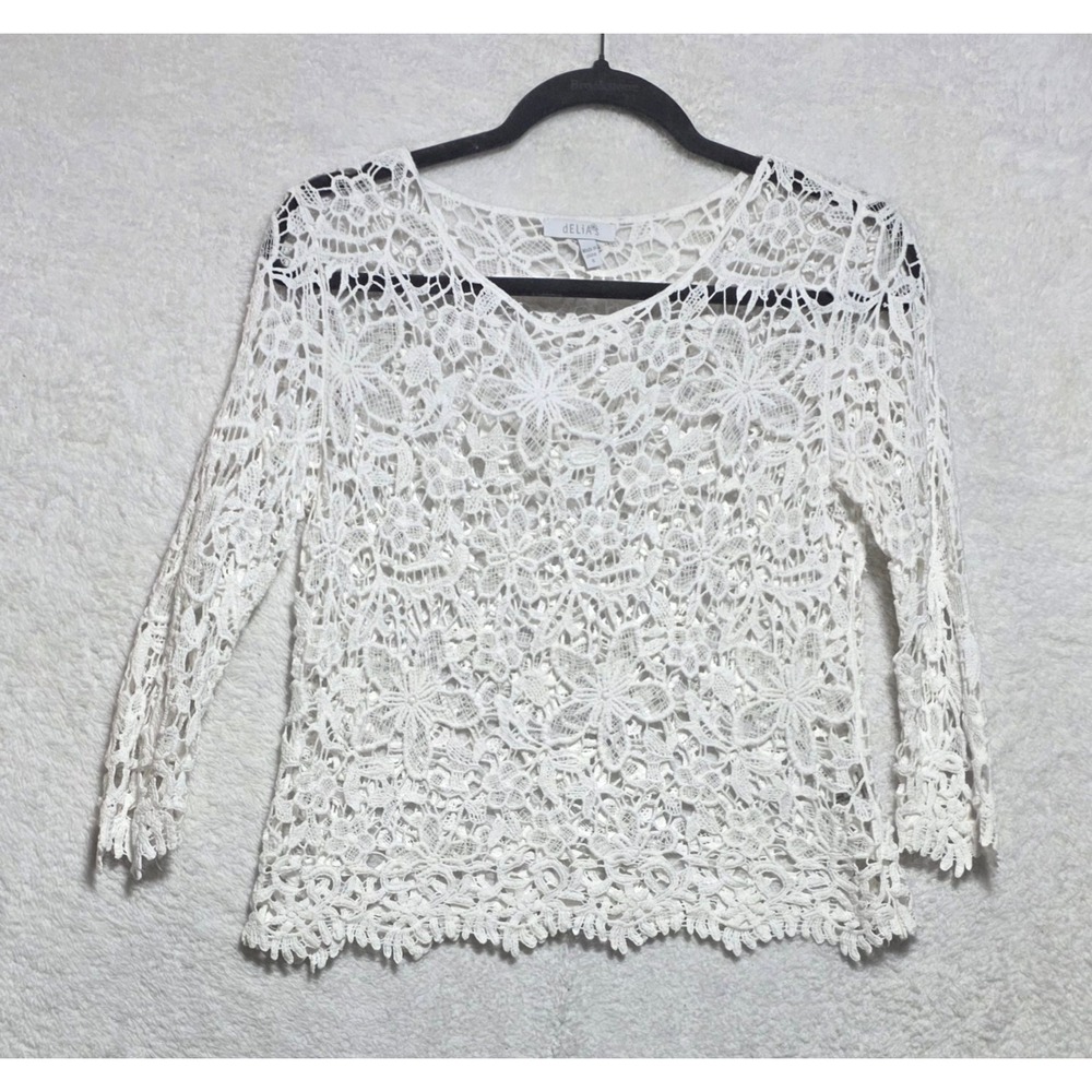 dELiA*s White Floral Crochet Lace Top 3/4 Sleeve Cotton Boho Scoop Neck Small